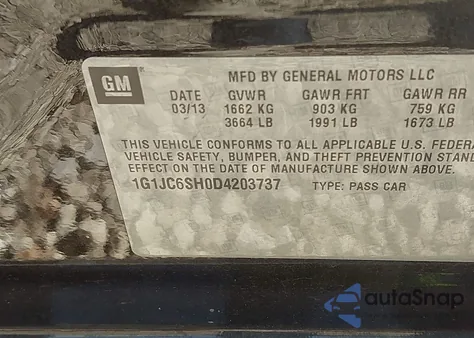 2013 Chevrolet Sonic Lt Auto z USA, uszkodzony, nr VIN 1G1JC6SH0D4203737